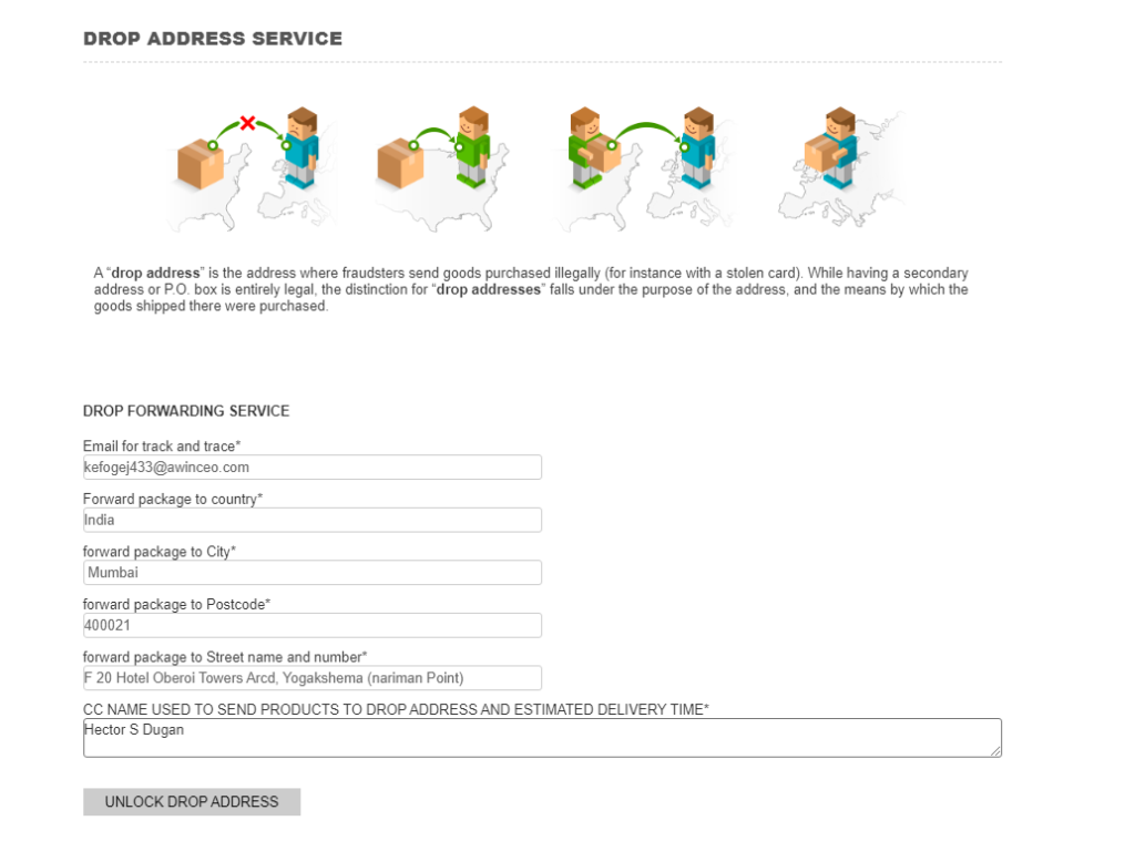 Drop address carding service