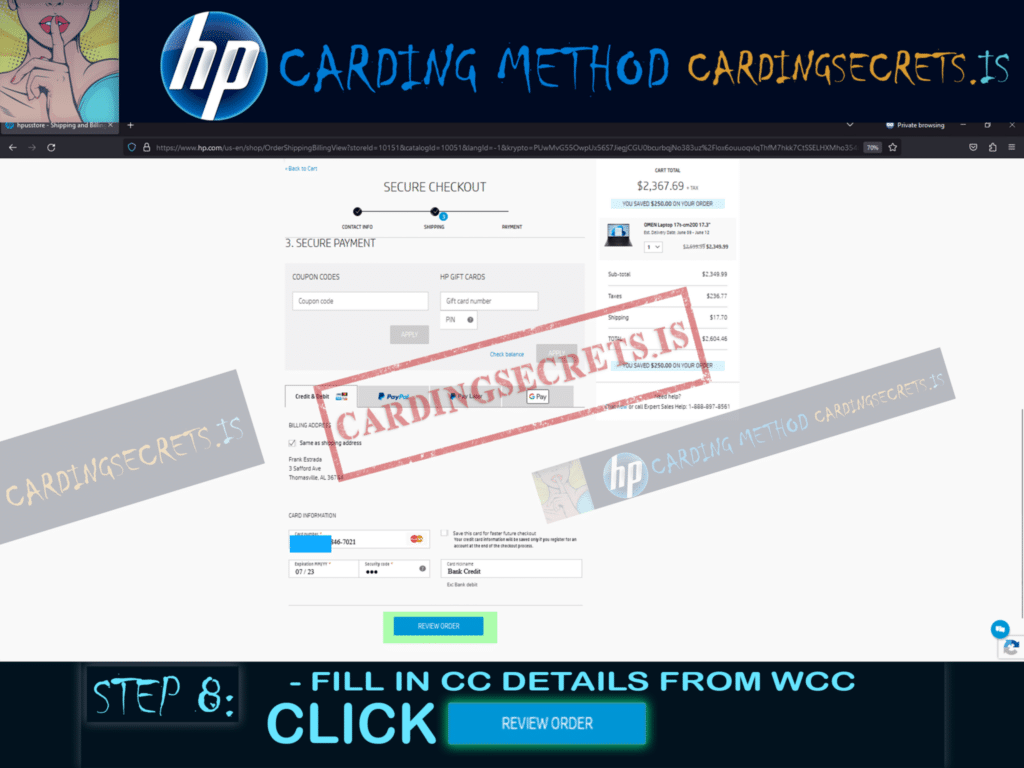 Step 8 fill in cc details click review order